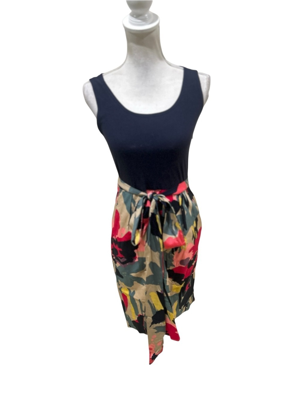 Dkny navy sleeveless dress floral skirt sash belt cotton size 6